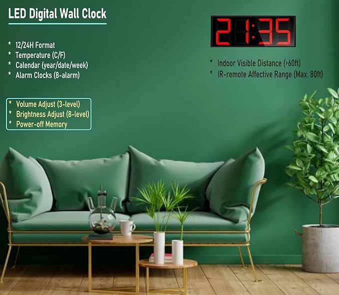 17.3'' Huge Digital Wall Clock, Home Gym Interval Workout Timers, with Countdown, Stopwatch, 7-Color Light, 8-Alarms, Calendar/Temperature Display, for HIIT/Tabata/FGB/EMOM (Red)
