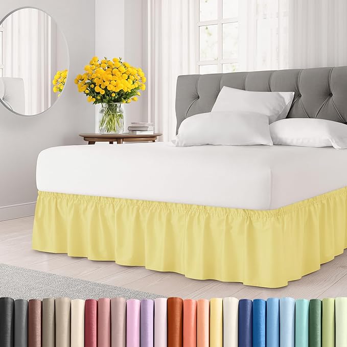 Wrap Around Dust Ruffle Bed Skirt - Yellow - for Queen Size Beds with 12 Inch Drop - Easy Fit Elastic Strap - Adjustable Pleated Bedskirt w/Brushed Fabric Wrinkle Free - for Women, Men, Kids & Teens