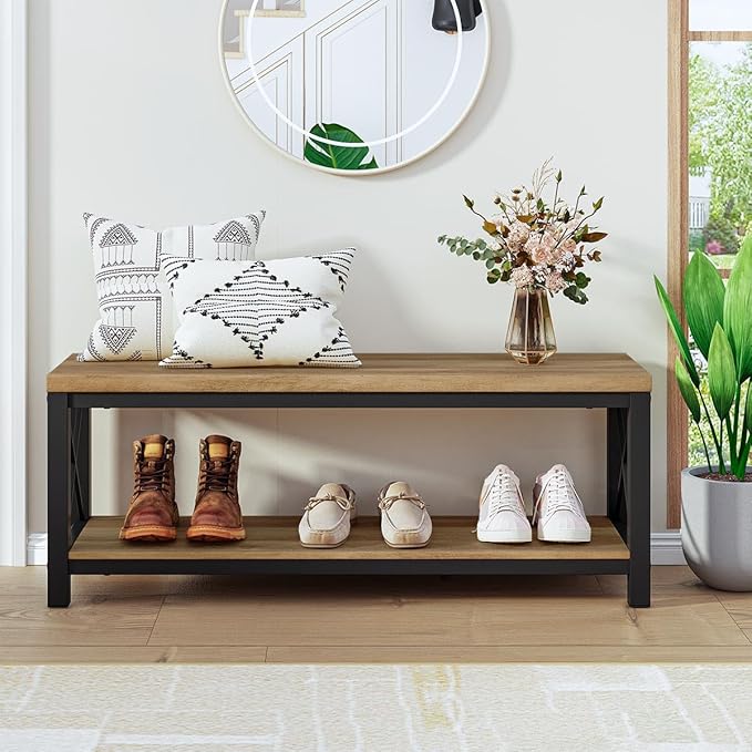 BON AUGURE Entryway Bench for Mudroom, Modern Wood and Metal Storage Bench, Farmhouse Shoe Entry Benches for Bedroom, Hall (47 inch Wide, Vintage Oak)