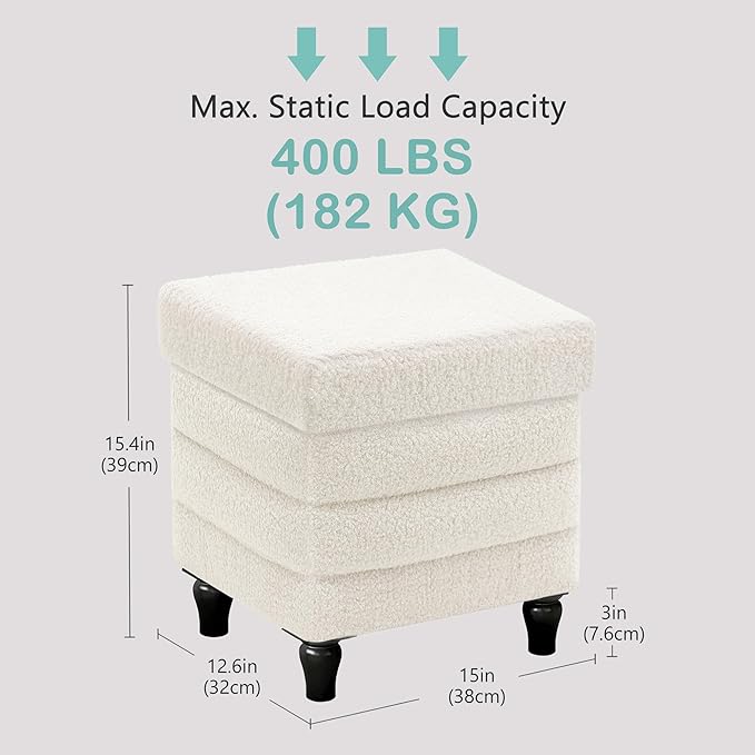 CAROLMADE Folding Storage Ottoman Cube Sherpa Footstool with Wood Legs Ottoman Footrest for Living Room and Bedroom, White 15"x12.6"x15.4"