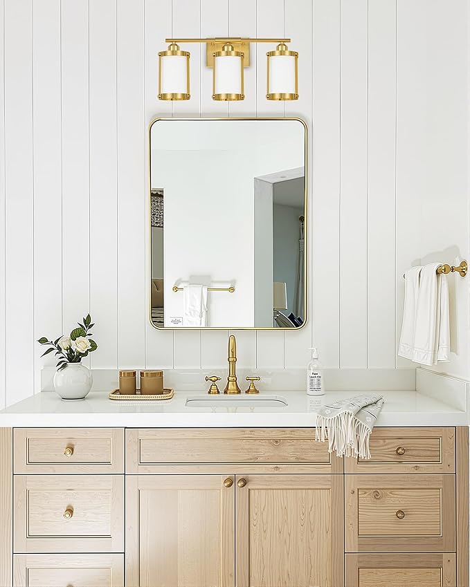 3-Light Brushed Gold Bathroom Light Fixtures with Milk Frosted Glass, 21" Modern Bathroom Vanity Lighting Fixtures Over Mirror with Metal Cage, Wall Sconce Lights for Bath, E26, OS-3014BGW-3W