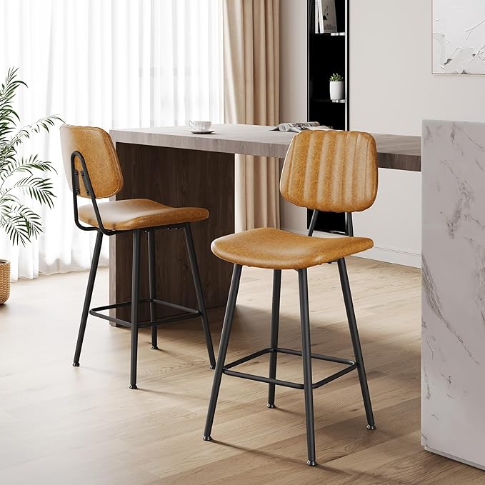 24-Inch Leather Bar Stools Set of 2, Counter Height Barstools with High Backrest，Bar Chairs for Kitchen Island with Heavy Duty Metal Legs, Brown