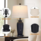 25" Retro Black Farmhouse Jar Table Lamps Set of 2, 3 Way Touch Control Rustic Bedside Lamps with USB A+C Ports & AC Outlet, Pot Nightstand Lamps for Bedroom Living Room (LED Bulbs Included)