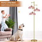 Gold Floor Lamp for Living Room,Modern Floor Lamps with Unique Pink Glass Shades,3 Lights Mid Century Tall Standing Lamp,Vintage Tree Flower Floor Lamp for Bedroom Corner Office Reading