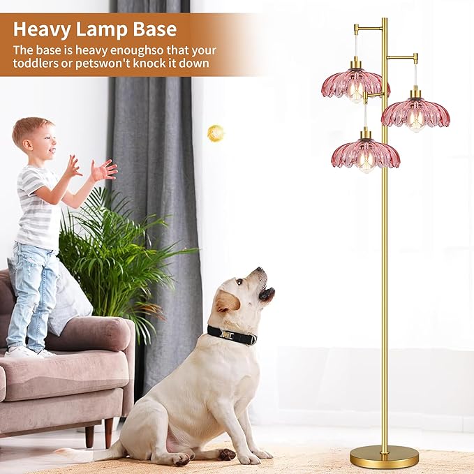 Gold Floor Lamp for Living Room,Modern Floor Lamps with Unique Pink Glass Shades,3 Lights Mid Century Tall Standing Lamp,Vintage Tree Flower Floor Lamp for Bedroom Corner Office Reading