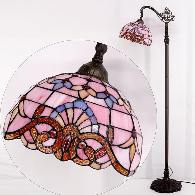 WERFACTORY Tiffany Floor Lamp Pink Baroque Stained Glass Arched Lamp 12X18X64 Inches Gooseneck Adjustable Corner Standing Reading Light Decor Bedroom Living Room S003P Series