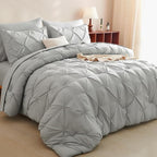 CozyLux Queen Comforter Set Light Grey, 7 Pieces Pintuck Bed in A Bag, Premium Gray Comforter Queen Size, Pinch Pleat Bedding Sets with Comforter, Sheets, Pillowcases & Shams