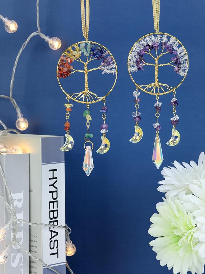 CrystalTears Chakra Crystal Tree Life Hanging Ornament Handmade 7 Chakra Healing Crystal Gemstone Glass Suncatcher for Home Window Wall Decoration Crystals Gifts for Women Men Friends