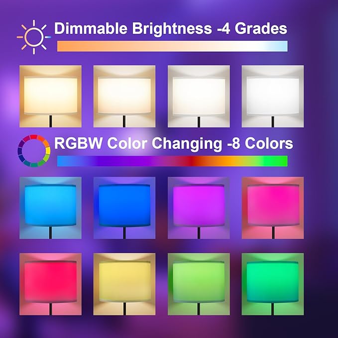 Ambimall Floor Lamp for Living Room with Smart Light Bulb, RGB + Stepless Dimmable Colors Temperature & Brightness(White Shade & Black Pole)