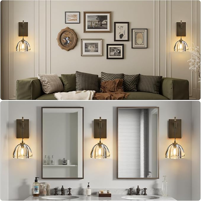 Crystal Brass Dome Wall Sconce - Luxury Antique Brushed Lighting Fixture with K9 Crystals Cloche - Dimmable Indoor Hanging Light - Modern Gold Sconces for Bathroom Bedroom Living Room Stair