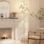 Vintage Floor Lamps for Living Room Bedroom-3 Light Gold Floor Lamp with Glass Lampshape, Flower Tall Lamp Glass Mid Century Standing Lamp Tree Floor Lamp for Living Room Corner