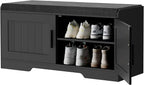 2-Tier Storage Bench, Shoe Bench with Thickened Padded Seat Cushion, Entryway Bench with 2 Doors, Adjustable Shelf, 13.8" D x 37.4" W x 18.5" H, for Entryway, Living Room, Bedroom, Black