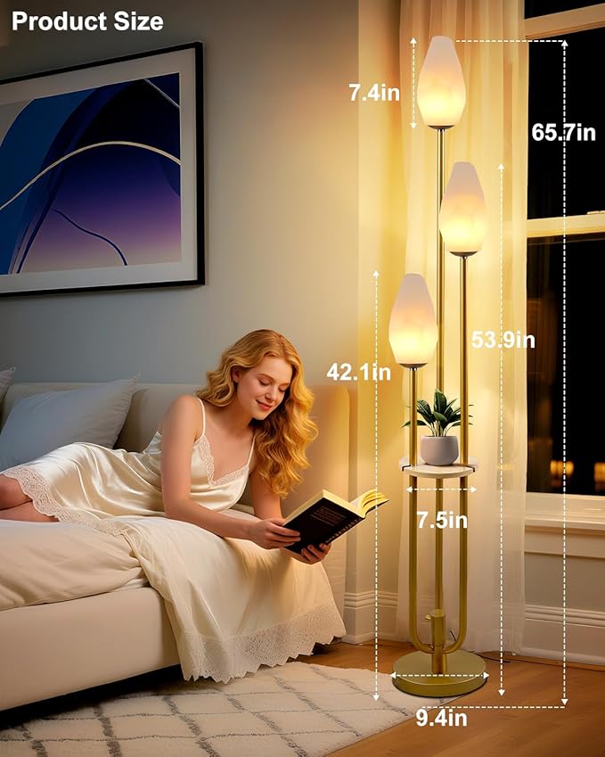 Lightdot Gold Floor Lamp with Tray, 3-Lights Dimmable Floor Lamps with Rock-Shaped Shade, Unique Candle Holder Style Modern Tall Lamp for Living Room/Party/Sofa Beside/Corner Decor(Bulbs Included)