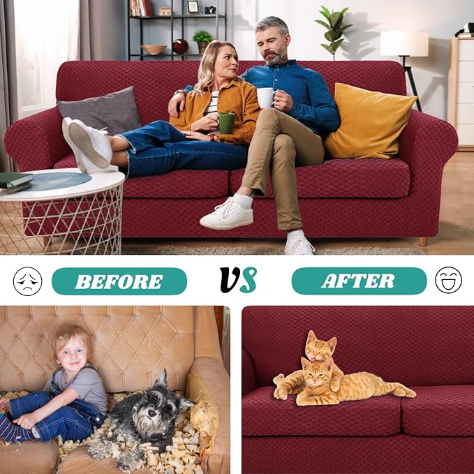YEMYHOM Latest Checkered 3 Pieces Couch Covers for 2 Cushion Couch High Stretch Sofa Cover with 2 Extra Large Seat Cushion Covers Anti Slip Elastic Slipcovers (Christmas Wine Red), 71"-91"(2 CUSHIONS)
