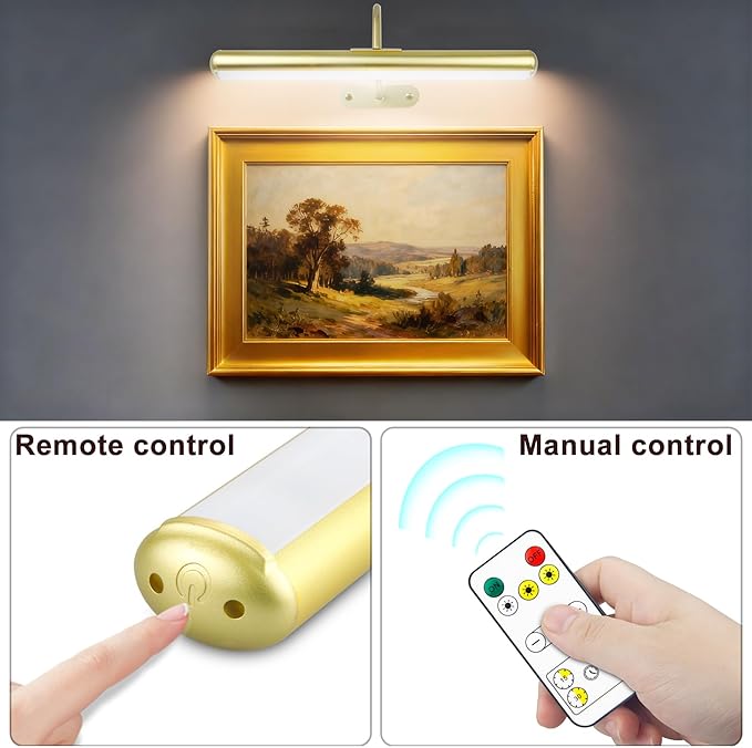 Set of 2 Picture Lights on Wall Rechargeable and Remote, Full Metal Painting Light with 3 Lighting Colors Brightness Dimmable and Timer Auto-OFF, Above Artwork Dartbord Display Gallery Portrait