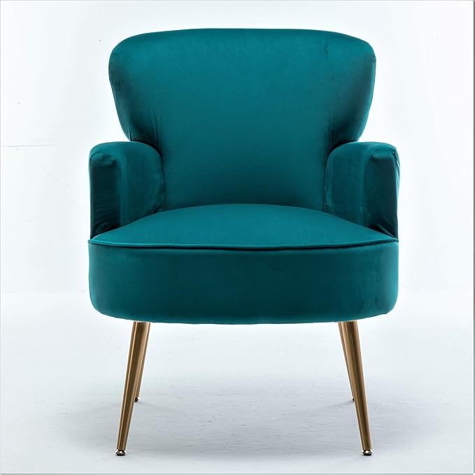Trendy Velvet Accent Chair with Gold Metal Legs, Upholstered Armchair for Small to Mid-Size Spaces, Modern Living Room, Bedroom, Vanity Desk and Entryway, Greenish Blue