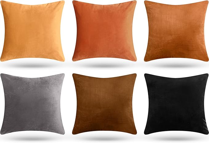 Pack of 6 Decorative Velvet Throw Pillow Covers Solid Square Soft Pillowcase Set Cushion Cases for Sofa Couch Bed Car Christmas Fall Home Decor 18 x 18 inch(Orange Color Scheme)
