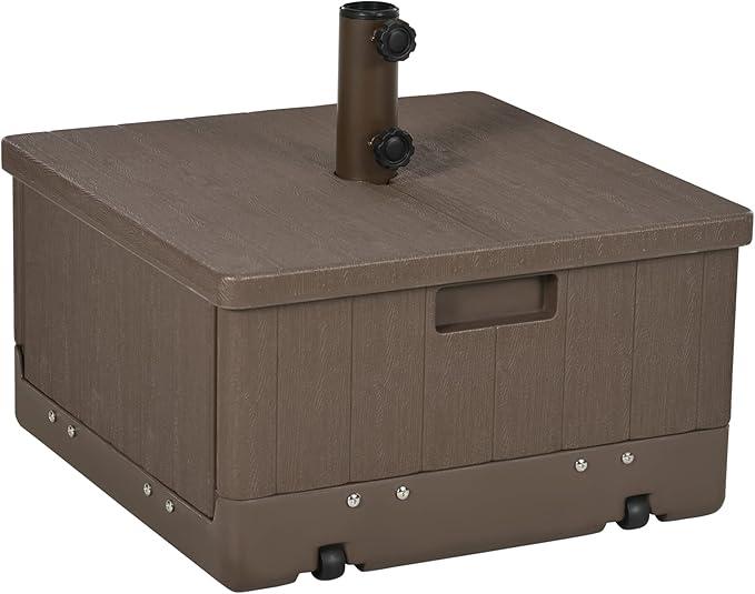 Outsunny 3-in-1 Outdoor Umbrella Base, Coffee End Table, Planter Box with Drain Hole, 175 lbs. Capacity Heavy Duty Fillable Patio Umbrella Stand Table with Wheels and Handles for Deck, Poolside, Brown