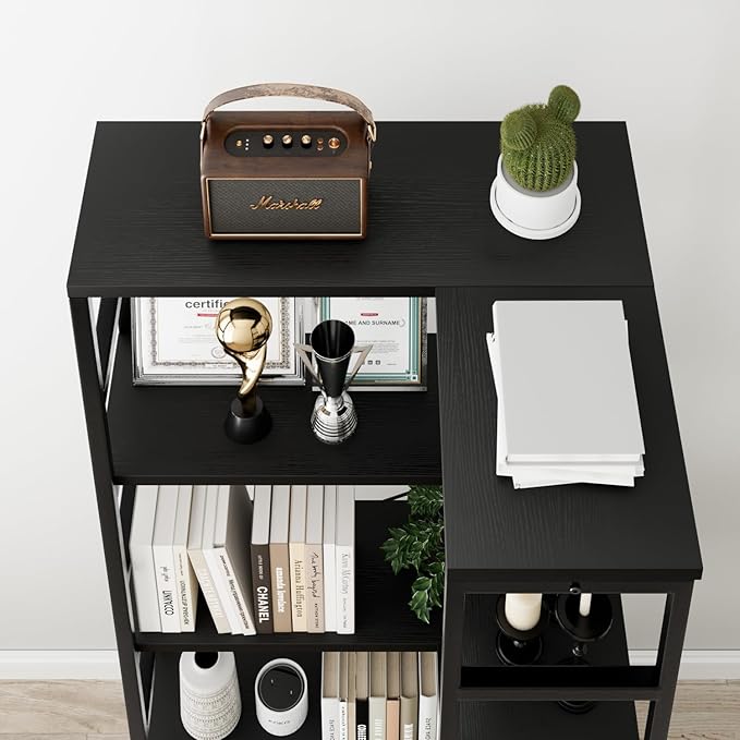 NUMENN 5 Tier Corner Bookshelf, Wood and Metal Bookcase Storage Shelf, Tall Corner Cabinet for Living Room, Bedroom, Home Office and Kitchen, Black