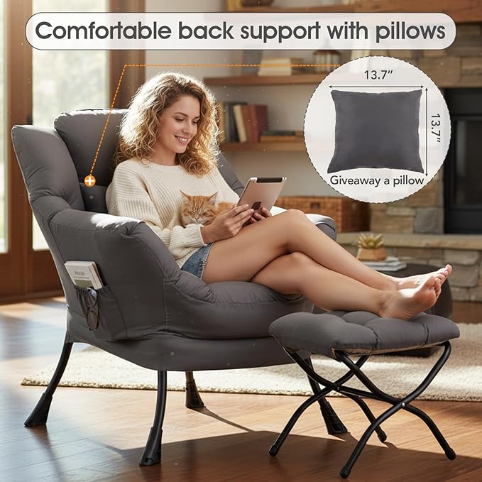 Lazy Chair with Ottoman, Large Lounge Accent Chair with Ottoman and a Throw Pillow, Dark Grey Reading Chair for Living Room Bedroom Dorm Room Office Apartment Relaxing Use