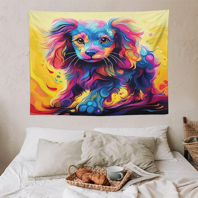 VUMIVI Colorful Cute Dog Tapestry Rainbow-Hued Oil Painting Pet-Themed Abstract Art Print Tapestry Wall Hanging for Living Room Bedroom Dorm Classroom Aesthetic Decor W40xL30in
