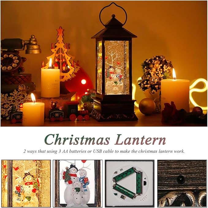 Christmas Snow Globe Lantern Crystal Glitter Lantern Features 8 Songs and 6-Hour Timer Function Ideal for Holiday Decorations and Gifts USB and Battery-Powered Snow Globe (Snowman Families)