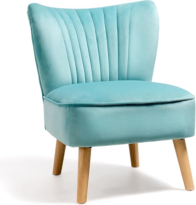 KOMFOTT Velvet Accent Chair, Modern Armless Sofa Chair with Solid Rubber Wood Legs, Wingback Leisure Chair with Thick Cushion, Upholstered Side Chair for Living Room, Bedroom, Turquoise