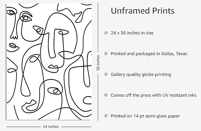 Y2K BOO Abstract Face Pattern UNFRAMED Wall Art Collage of Modern Faces Continuous Line Drawing 24x36 Inch Heavyweight Paper Studio Home Decor