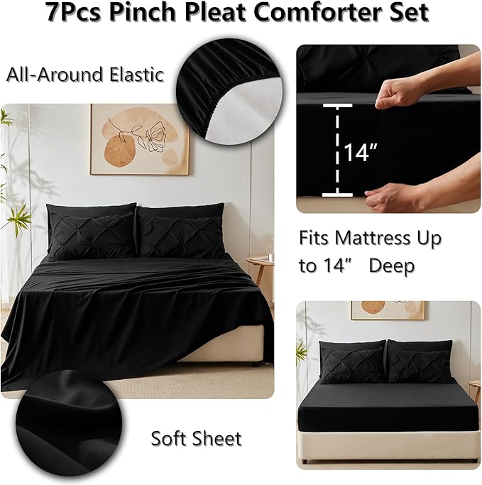 CozyLux Oversized King Comforter Sets Black, 7 Pieces Oversized King Pintuck Bed in A Bag, Pinch Pleat Bedding Sets with All Season Comforter, Flat Sheet, Fitted Sheet, Pillowcases & Shams