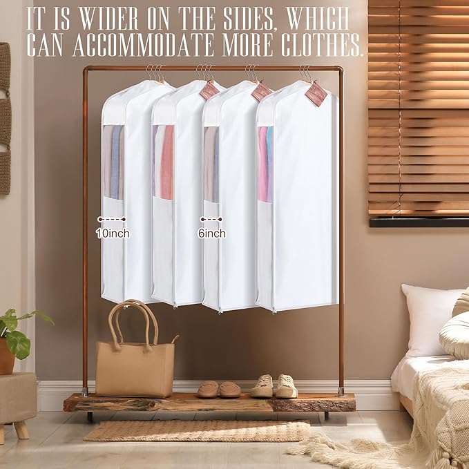 2 Set 40in Short Cotton Garment Bags, 10in Wide Gusset Hanging Storage Clothes with 8 Cedar Blocks, Transparent Mesh Window, Breathable Closet Bags for Fur Coat Suit Sweater Dress, White