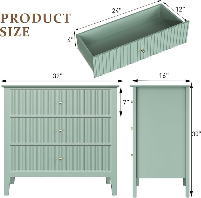 Large Sage Green 3 Drawer Dresser, Painted 30 Inch Tall Wood Nightstand with Storage, Wide Modern Chest of Drawers with Ball Bearing Slide for Bedroom Hallway Living Room Entryway Office