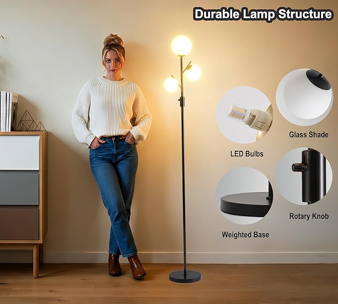 Fiqevs Dimmable Mid Century 3 Globe Floor Lamp with 3 Head Sphere Frosted Glass Shade and Bulbs Included, Modern Black Standing Lamps for Living Room Bedroom Office