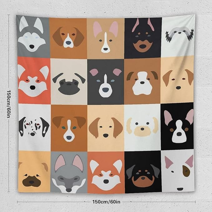 VUMIVI Dog Tapestry Funny Cartoon Pet Patterns Colorful Illustrations Square Animals Tapestry Wall Hanging for Living Room Bedroom Dorm Classroom Aesthetic Decor W60xL60in