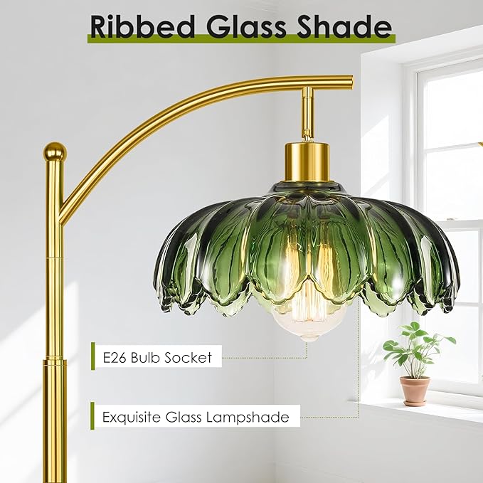 Gold Floor Lamp for Living Room with Remote Control,Unique Vintage Standing Tall Lamp,Mid Century Modern Floor Lamps Arc Green Glass Floor Lamps for Office Corner