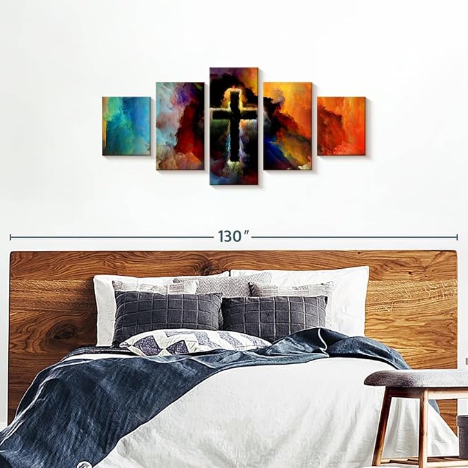 Elephant Stock Colorful Cross Wall Art Multi Piece Canvas - 5 Panel Christian Pictures Decor - Digital Design Canvas Print - Christian Wall Decor - 74" X 34"