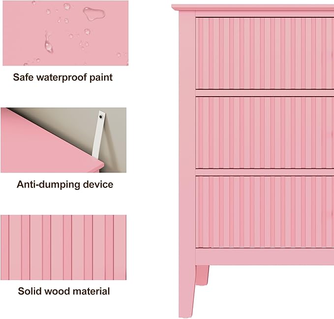 Pink 3 Drawer Dresser Set of 2, Painted 30 Inch Tall Wood Nightstand with Storage, Wide Modern Chest of Drawers with Ball Bearing Slide for Bedroom Hallway Living Room Entryway Office