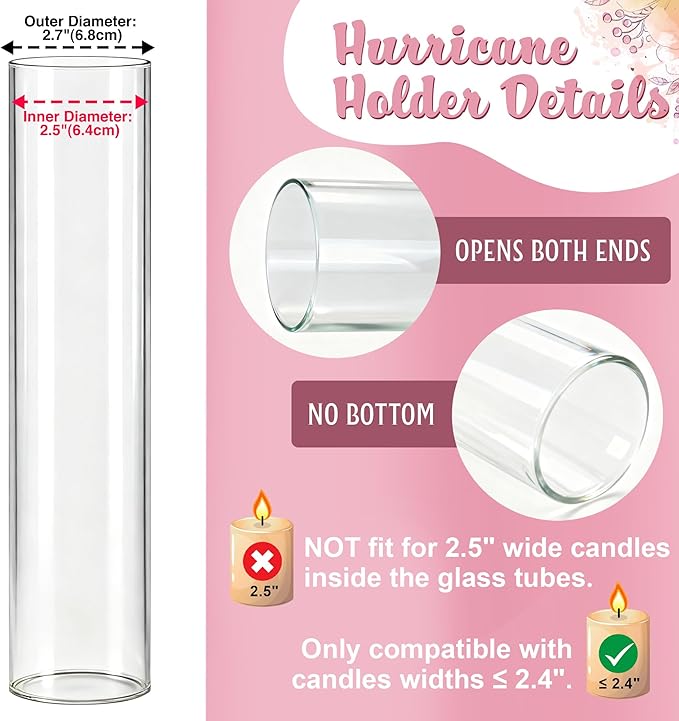 24 Set Glass Hurricane Candle Holders - 12" Tall Clear Glass Candlestick Holders for Taper Candles with Cylinder Chimney for Wedding, Party, and Home Table Centerpiece Decoration
