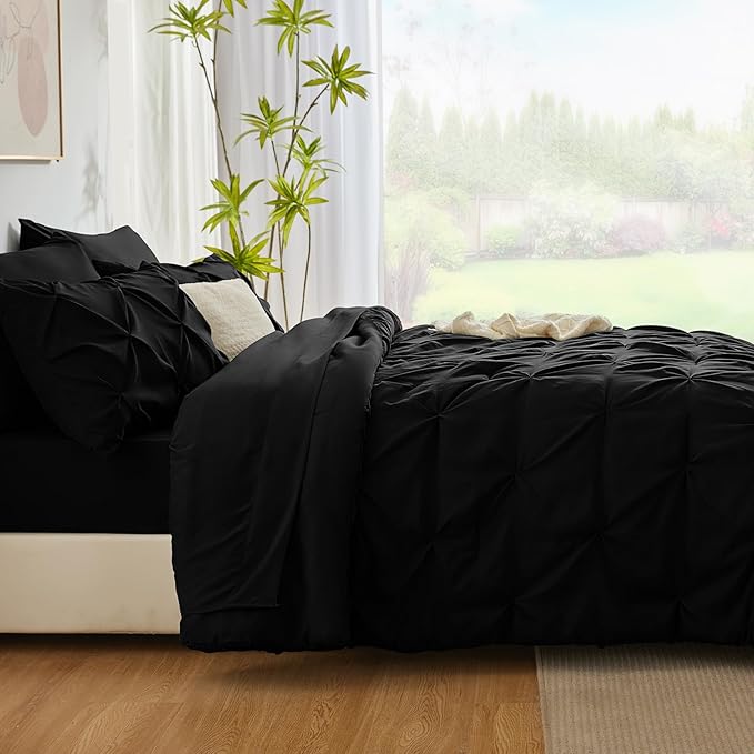 CozyLux Oversized Queen Comforter Sets Black, 7 Pieces Oversized Queen Pintuck Bed in A Bag, Pinch Pleat Bedding Sets with All Season Comforter, Flat Sheet, Fitted Sheet, Pillowcases & Shams