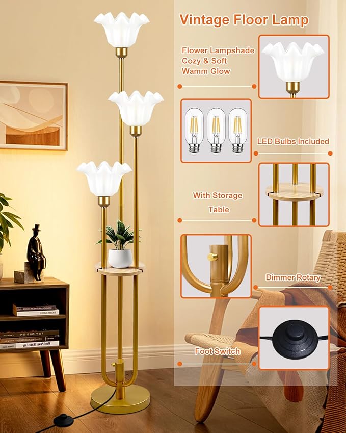 Flower Floor Lamp for Living Room, Dimmable Vintage Floor Lamp with Shelf & LED Bulbs, 3 Light 3000K Soft Warmwhite Mid Century Gold Standing Lamp, Floral Tall Lamp for Bedroom