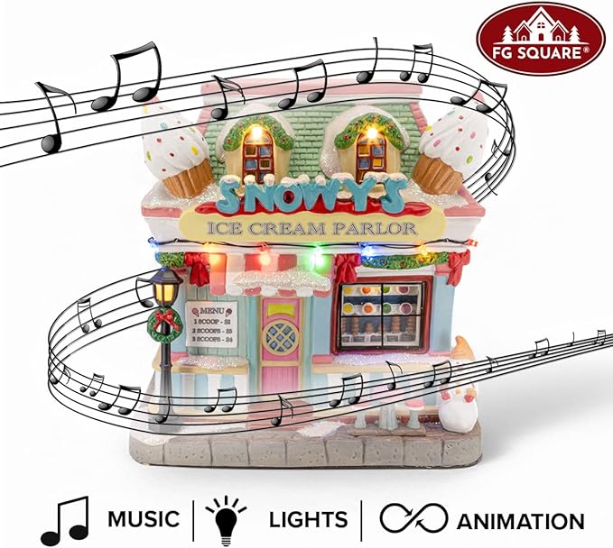 Snowy's Ice Cream Parlor Porcelain Christmas Village with LED Lights