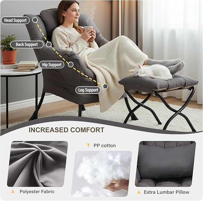 Lazy Chair with Ottoman, Modern Accent Chair with Lumbar Pillow, Dark Grey Sofa, Lounge Chairs with Folding Footrest, Oversized Supportive Chairs for Bedroom, Reading
