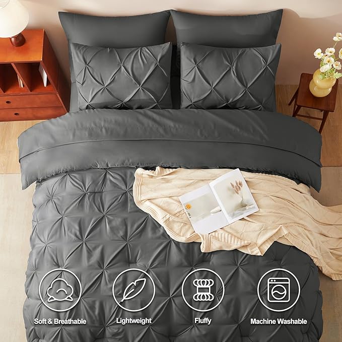CozyLux Twin Comforter Set with Sheets Dark Grey, 5 Pieces Pintuck Bed in A Bag, Twin Bed Set Gift for Family, Pinch Pleat Bedding Set with Comforter, Sheets, Pillowcase & Sham
