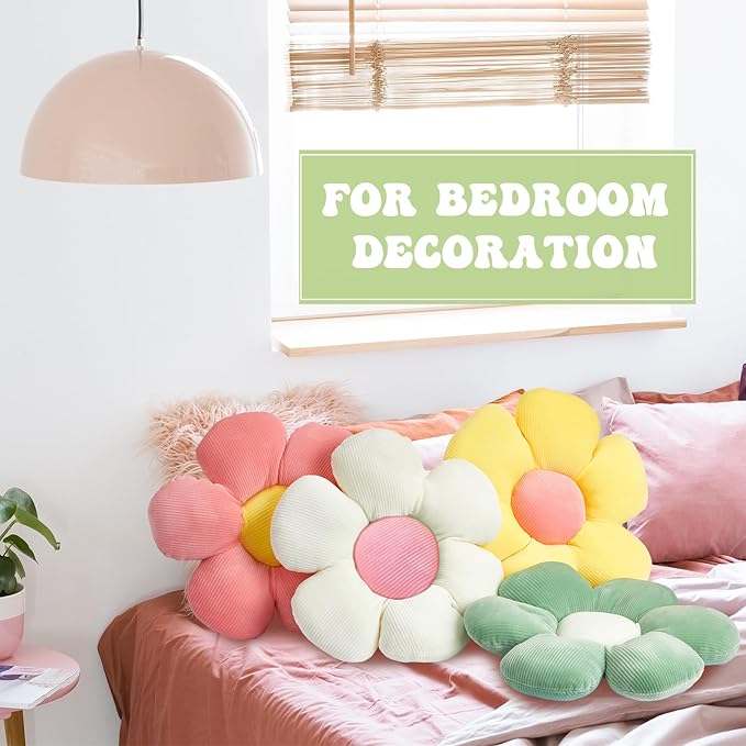 Reginary 4 Pcs Flower Floor Pillows Cute Plush Flower Throw Pillows Daisy Floor Seat Cushion Chair Pads for Back to School First Day of School for Sofa Couch Bed Decor(15 Inch,Light Color)