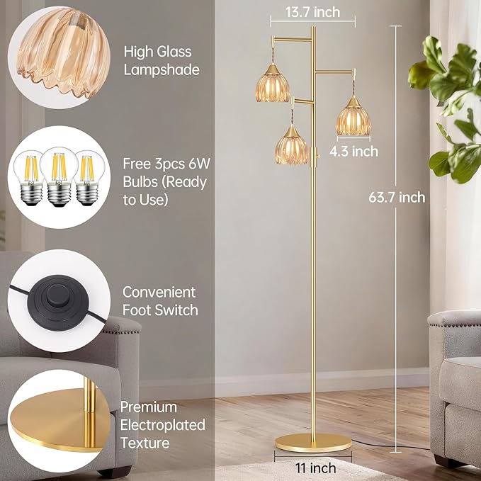 Dimmable Floor Lamp for Living Room, Bedroom, Gold Standing Lamp with 3pcs 6W Bulbs, Vintage Brass Floor Lamps for Corner, Nursery (Amber Tulip)