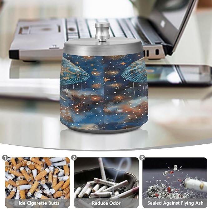 Elephant Stars Ashtray with Lid, Outdoor Ashtrays for Patio, Stainless Steel Ashtray Odorless Smokeless for Home Office Balcony