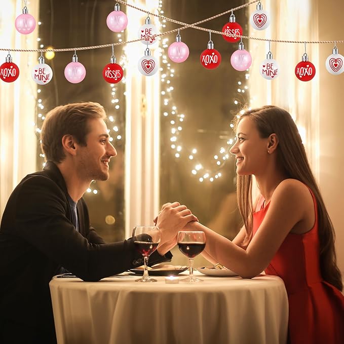 JULMELON 24 Pcs Valentine's Day Ball Ornaments, Red Pink White Heart Decorations with Letters, Plastic Hanging Orbs for Tree Party Supplies Valentine's Day Party Decor