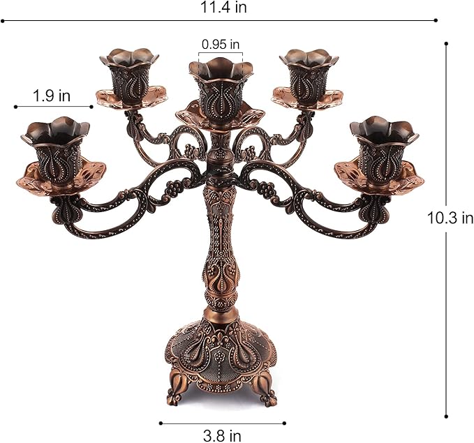5-Candle Metal Candelabra 10.3 Inch Tall Candlestick Candle Holders for Home Decor Wedding Christmas Church Halloween Party, Red Bronze Tulip