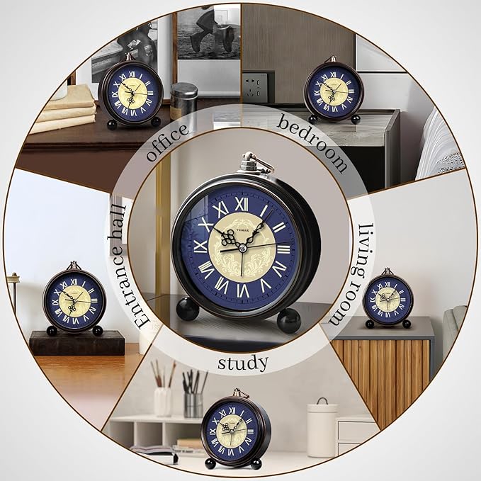 Vintage Analog Alarm Clock, 4.3" Silent Non-Ticking Quartz Desk Clock with Roman Numerals, Battery Operated Table Clock for Bedroom, Living Room, Office, or Gift (Blue)