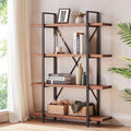 HSH Solid 4 Tier Natural Real Wood Bookshelf, 4 Shelf Rustic Wooden and Metal Bookcase, Farmhouse Open Vintage Industrial Etagere Book Shelf for Office Living Room Bedroom Storage, Distressed Brown