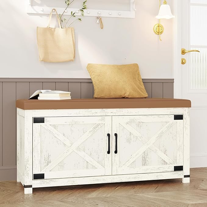 Shoe Storage Bench, 2 Tier Shoe Bench with Padded Seat Cushion & 2 Barn Doors, Entryway Bench with Adjustable Shelf, Farmhouse Shoe Cabinet for Living Room, Bedroom, Antique White SB26614KA